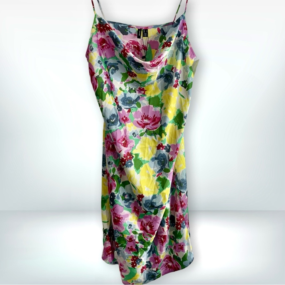NWT Vero Moda Vibrant Multicolor Floral Slip Midi Summer Vacation Dress, size L
